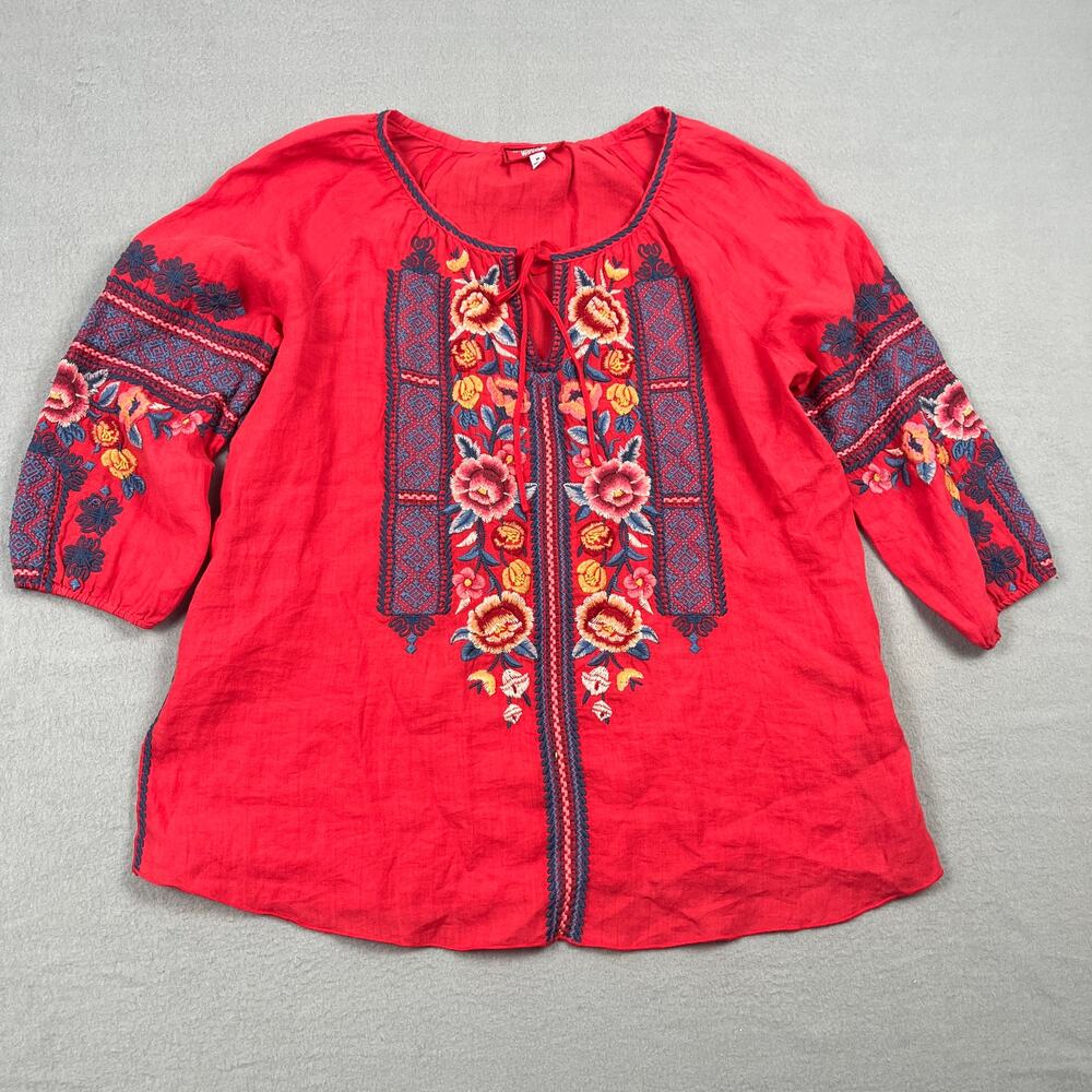 Johnny Was Workshop Juliene Candy Land Peasant Blouse Red Embroidered Women's M